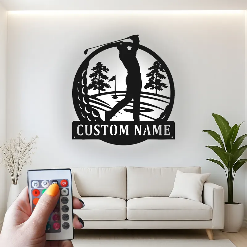 Insegna personalizzata con nome da golf | Decorazione murale LED in metallo per ufficio e man cave | Regalo personalizzato per golfista | Arredo per interni ed esterni