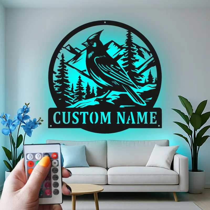 Personalisierte Kardinal-Mountain-Szene LED-Metall-Wandkunst – Geschenk für Naturliebhaber, für Hütte oder Wohnzimmer