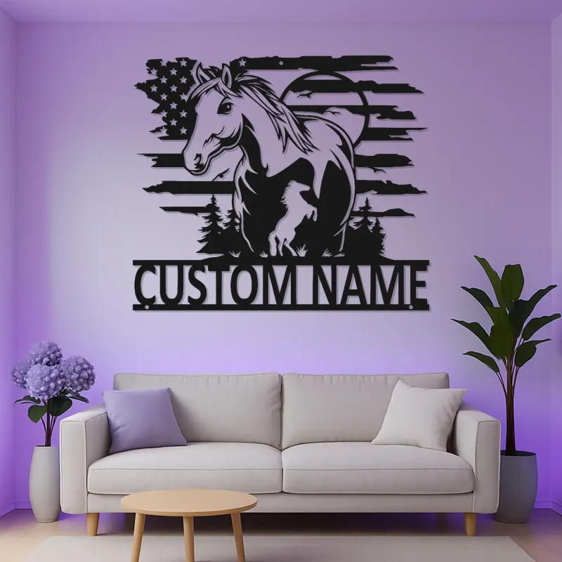 Panneau LED en métal personnalisé avec cheval | Décoration murale équestre | Décor de grange drapeau américain | Cadeau pour amoureux des chevaux