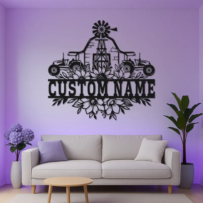 Personalized Tractor Metal Sign with LED | Custom Family Name Art | Farmhouse Living Room Decor | Rustic Farmer Gift
