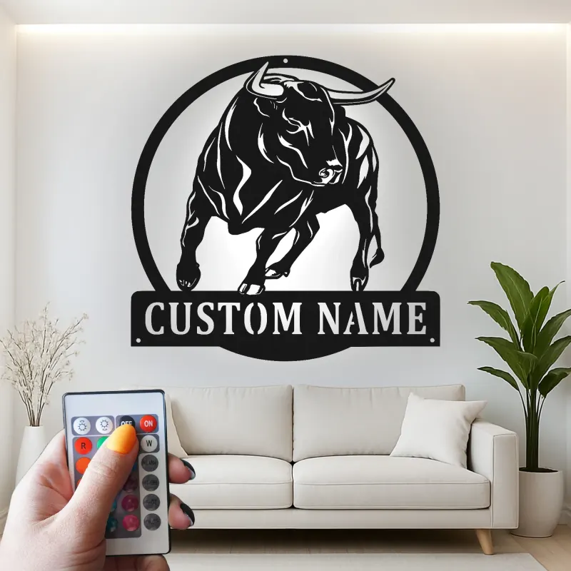 Décoration murale en métal personnalisée avec éclairage LED de taureau - Cadeau pour éleveurs - Décor de ferme rustique