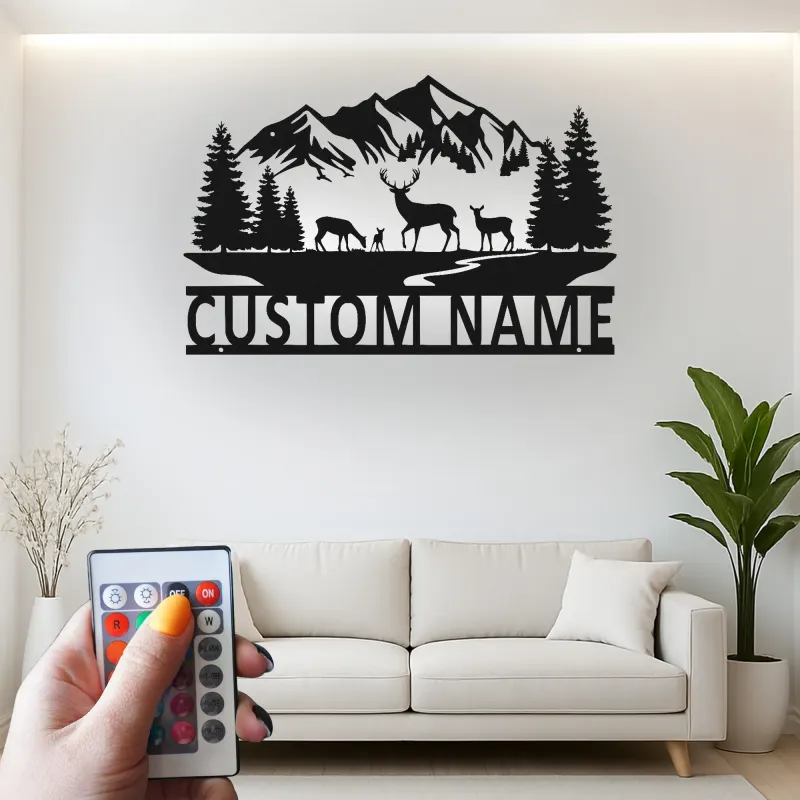 Custom Deer Mountain Scene Led Light Metal Wall Art Personalized Nature Gift for Outdoor Lovers Cabin Decor