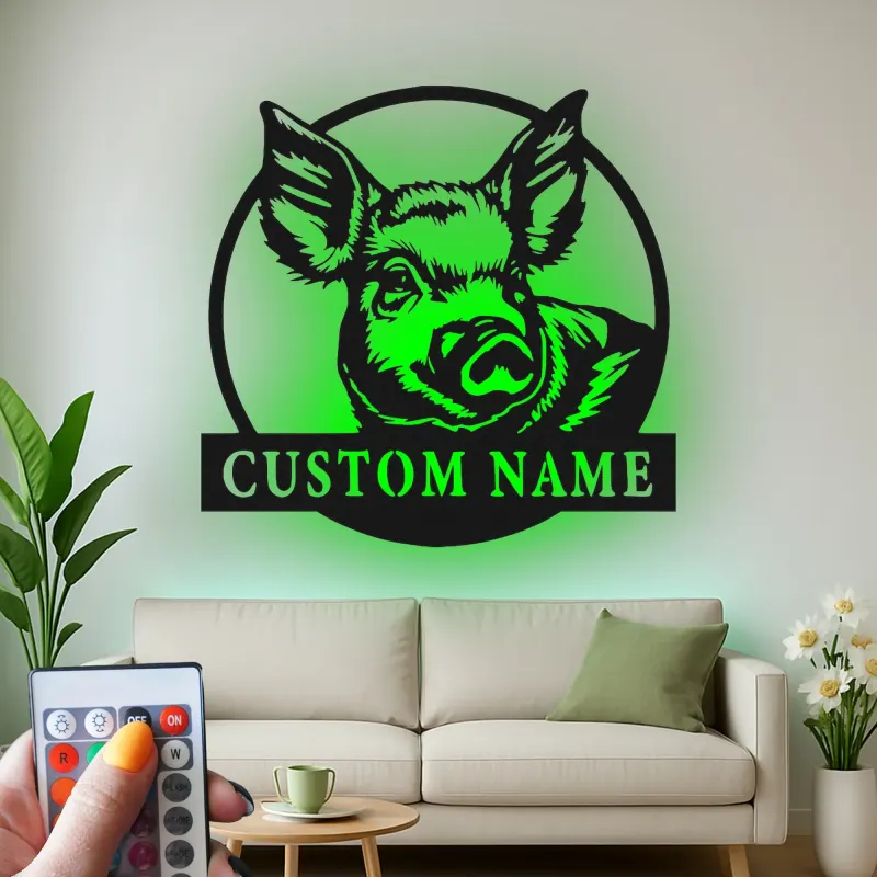 Cartel LED de retrato de cerdo personalizado | Decoración de granja personalizada | Arte mural de metal rústico para granero o hogar de campo moderno