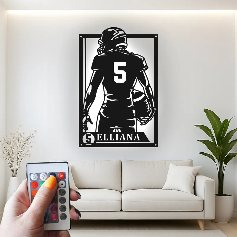 Personalized Football Player Metal Wall Art | Custom LED Sign with Name & Number | Teen Room Decor | Athlete Gift