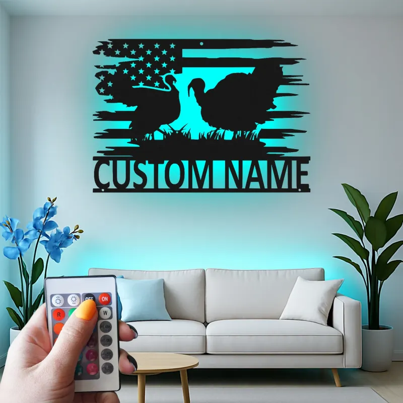 Décoration murale en métal personnalisée avec LED en forme de dinde et drapeau américain - Cadeau de ferme rustique