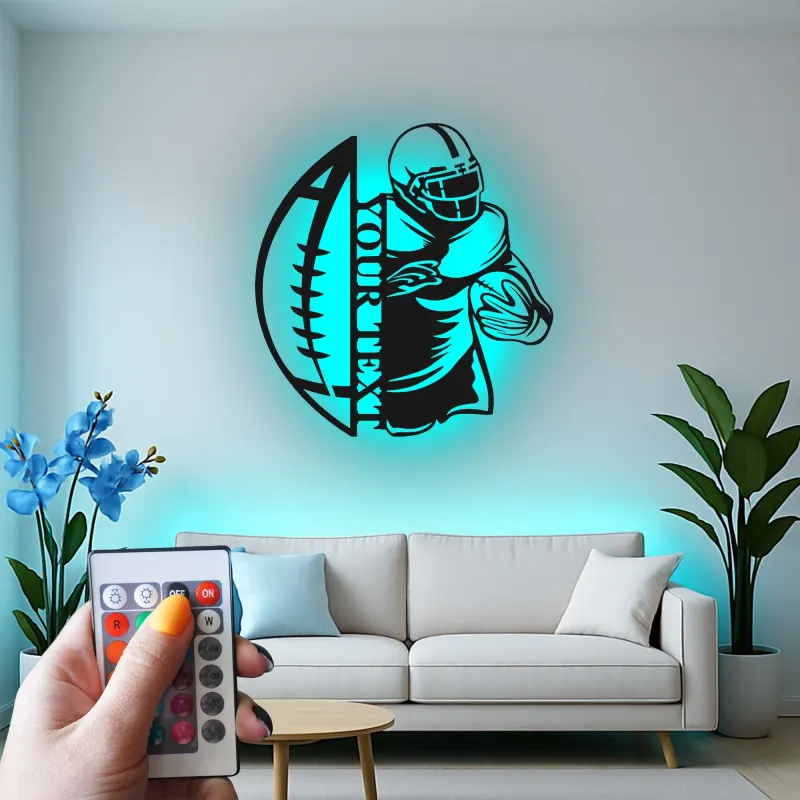 Cartel metálico personalizado de jugador de fútbol americano | Decoración deportiva con LED para habitación juvenil | Decoración mural con nombre a medida para regalo de deportista