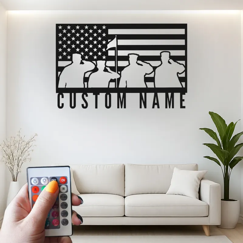 Patriotic American Flag Metal Sign | Custom Veteran Name Wall Art | LED Backlit Military Silhouette Decor