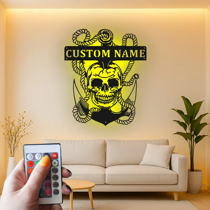 Insegna LED Teschio Pirata con Ancora | Arte Murale in Metallo Personalizzata | Decorazione Nautica per Man Cave e Regalo Personalizzato per Marinai
