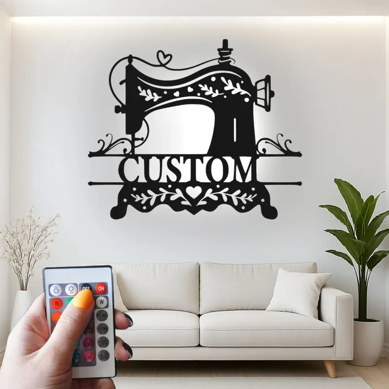 Individuelles Nähmaschinen-Schild | LED Metall-Wandkunst | Personalisierte Bastelzimmer-Dekoration für Schneiderinnen | Vintage Stil Namensschild