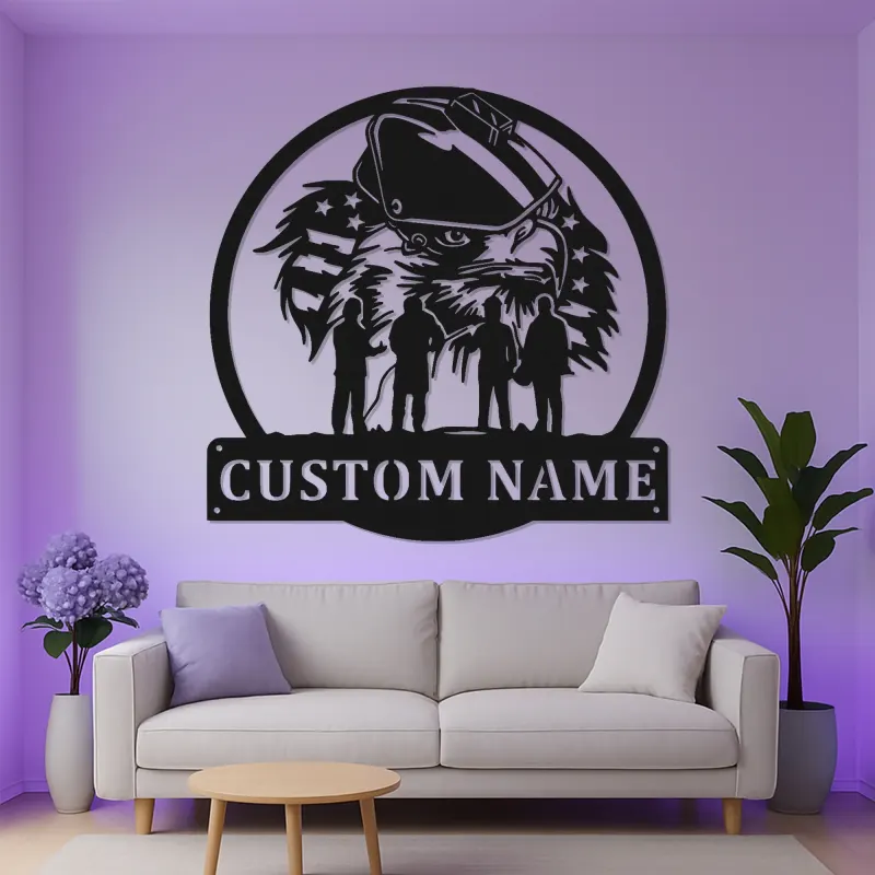 Regalo personalizzato per vigile del fuoco | Arte murale LED in metallo con nome personalizzato | Insegna con aquila patriottica per caserma e casa