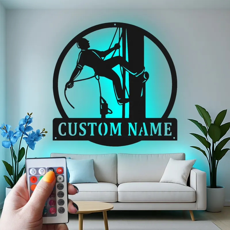 Arte murale in metallo LED Lineman personalizzata | Regalo per elettricista personalizzato | Insegna silhouette per lavoratori dei servizi pubblici per casa, ufficio o garage