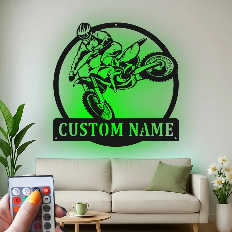 Insegna in Metallo Motocross | Arte da Parete LED Personalizzata per Moto da Cross | Nome Personalizzato per Garage o Camera da Letto di Adolescenti