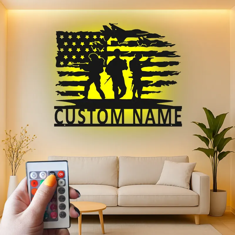 Custom Soldier Flag Metal Sign | Patriotic LED Wall Art | Personalized Military Decor for Veteran Man Cave