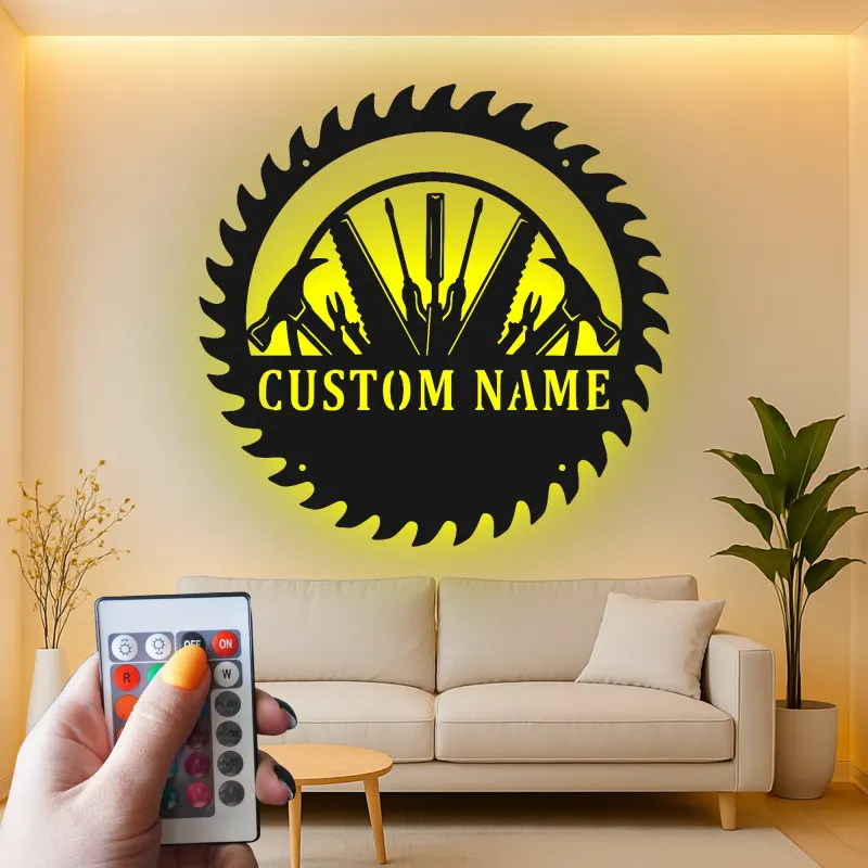 Décoration murale en métal personnalisée avec rétroéclairage LED en forme de lame de scie - Cadeau unique pour bricoleur, décoration de garage et d'atelier