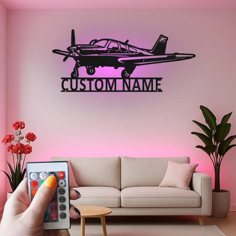 Décoration murale en métal personnalisée avec lumière LED d'avion - Cadeau d'aviation pour pilotes, décoration de hangar ou de bureau