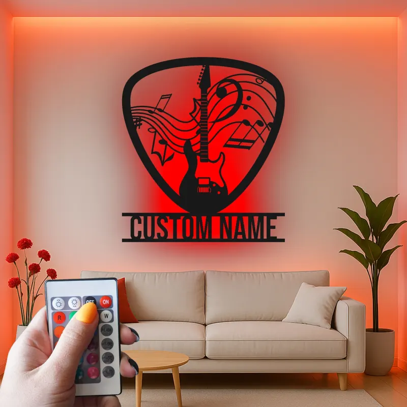Cartel de metal personalizado de guitarra con LED | Regalo a medida para amantes de la música | Decoración mural para estudio y sala de grupo