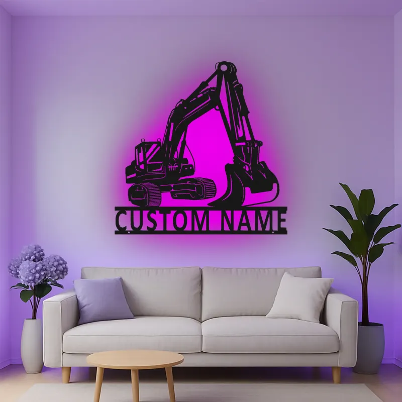 Décoration murale en métal personnalisée avec rétroéclairage pour excavateur - Cadeau de construction pour lui - Décor de garage pour passionnés d'équipement lourd