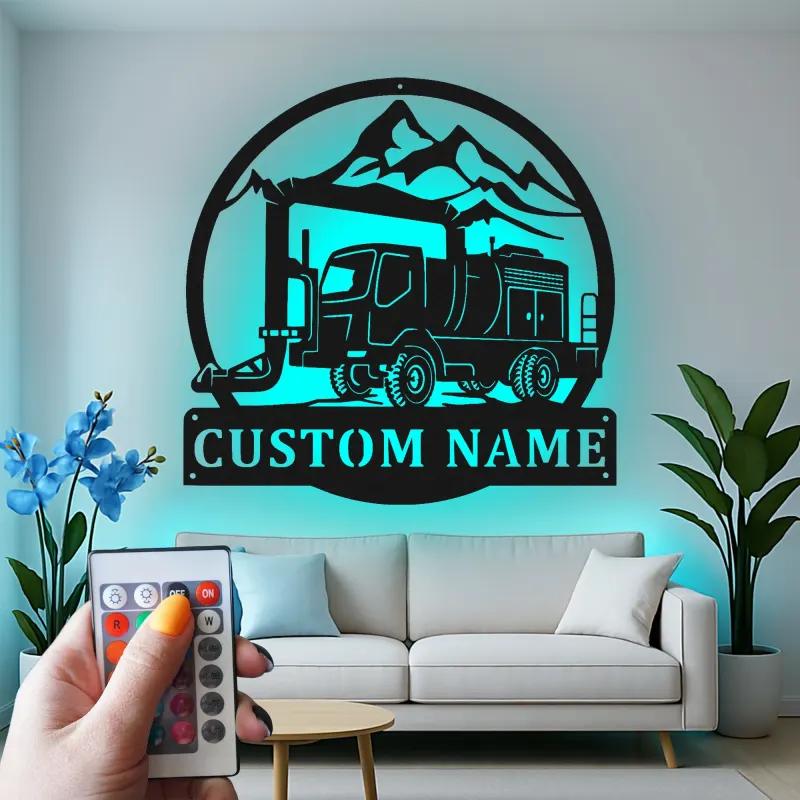 Custom Mountain Crane Truck Led Light Metal Wall Art Personalized Gift for Construction Enthusiasts Garage Decor