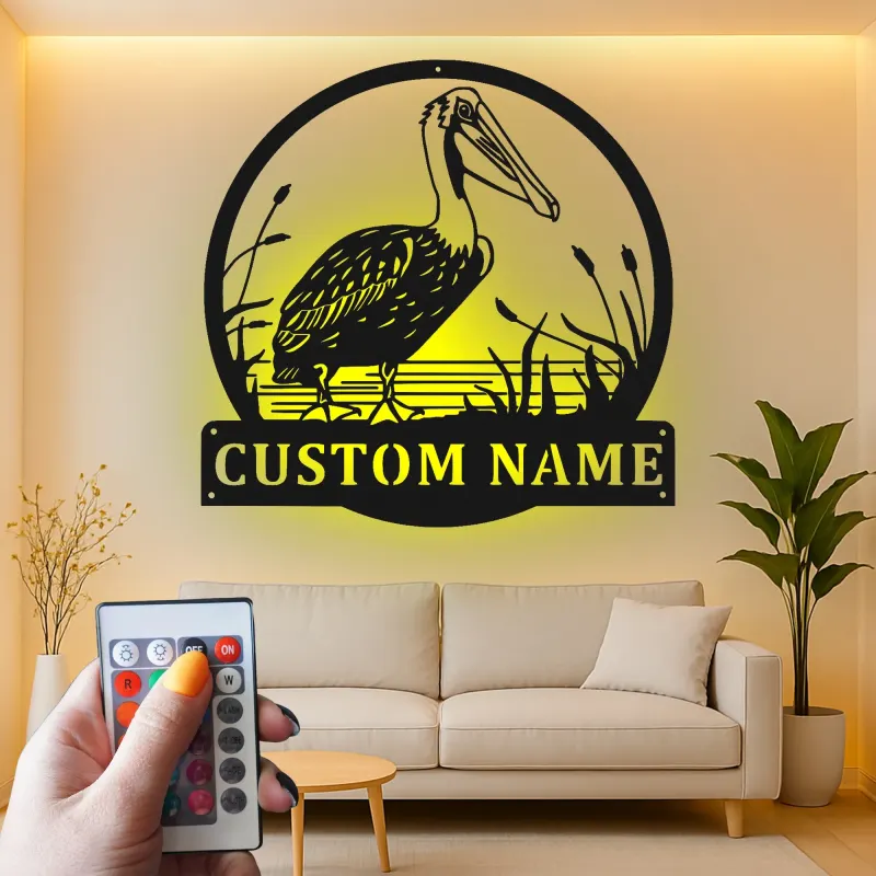 Custom Pelican Metal Sign | LED Light Coastal Wall Art | Personalized Beach House Decor | Nautical Bird Gift