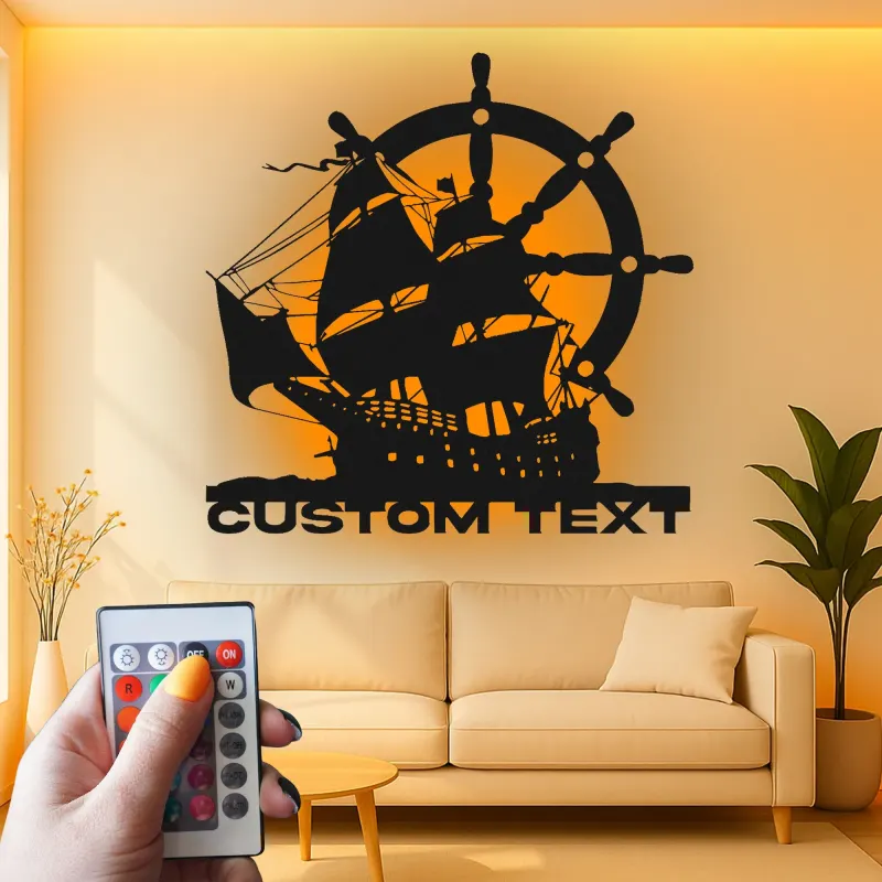 Pirate Ship LED Metal Wall Art | Custom Nautical Sign for Man Cave | Personalized Sailing Vessel Silhouette | Captain's Office Decor