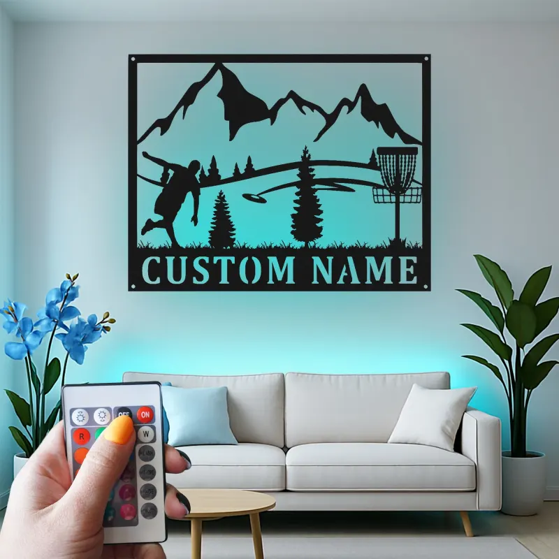 Insegna in metallo LED a forma di disc golf personalizzata - Regalo per appassionati di disc golf, decorazione per sala giochi o esterni