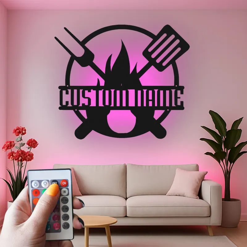Insegna in metallo personalizzata con BBQ Grill e luce LED regalo personalizzato per maestro della griglia decorazione per patio all'aperto