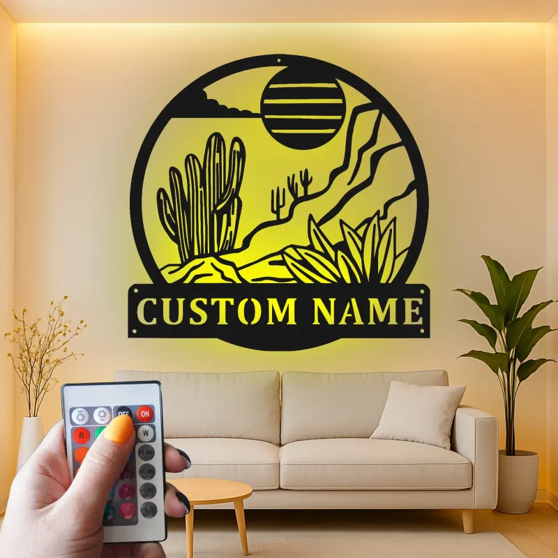 Décoration murale en métal personnalisée Paysage désertique avec rétroéclairage LED Cadeau pour les amoureux de la nature Décor de salon ou de bureau