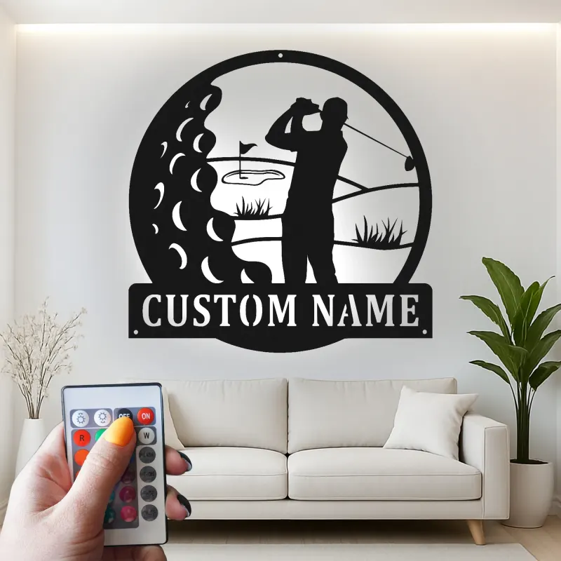 Panneau métallique personnalisé pour golfeur | Décoration LED avec prénom | Cadeau pour amateur de golf | Déco de man cave et bar à domicile
