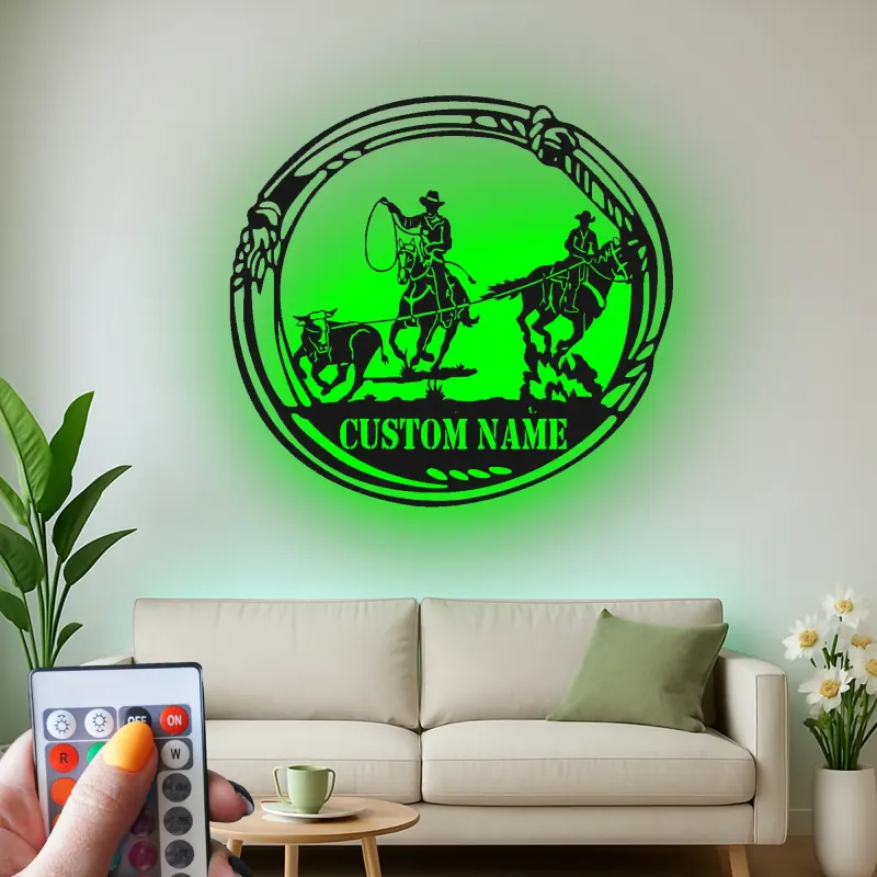 Décoration murale en métal personnalisée Cowboy Rodeo avec rétroéclairage LED - Cadeau western pour les éleveurs - Décor de salon rustique