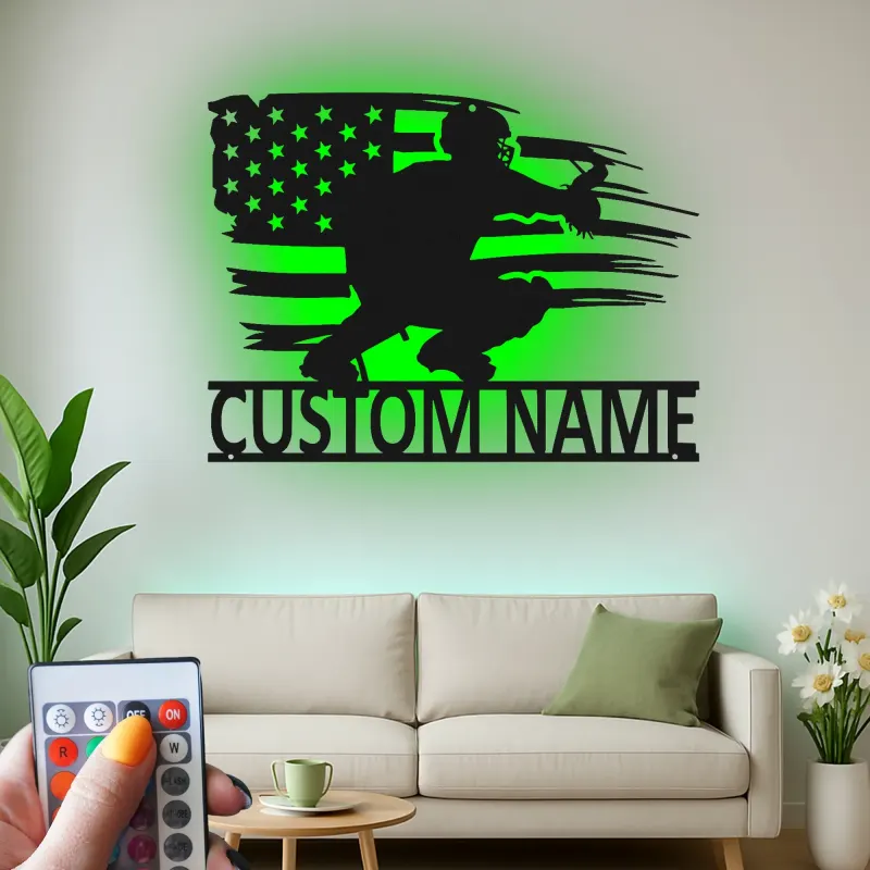 Custom Baseball Catcher Led Light Metal Wall Art Personalized Gift for Baseball Fans Game Room Sports Decor