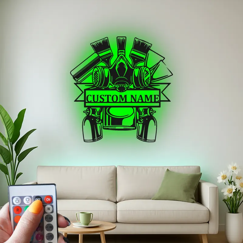 Personalisierte Auto Maler LED Schild | Metall Garage Wandkunst | Geschenk für Mechaniker | Spraydose & Gasmasken Dekor