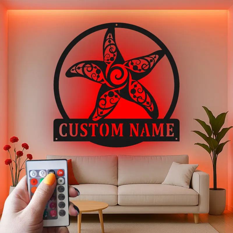 Personalized Starfish LED Metal Sign | Ornate Coastal Wall Art | Custom Nautical Decor for Beach House & Salon