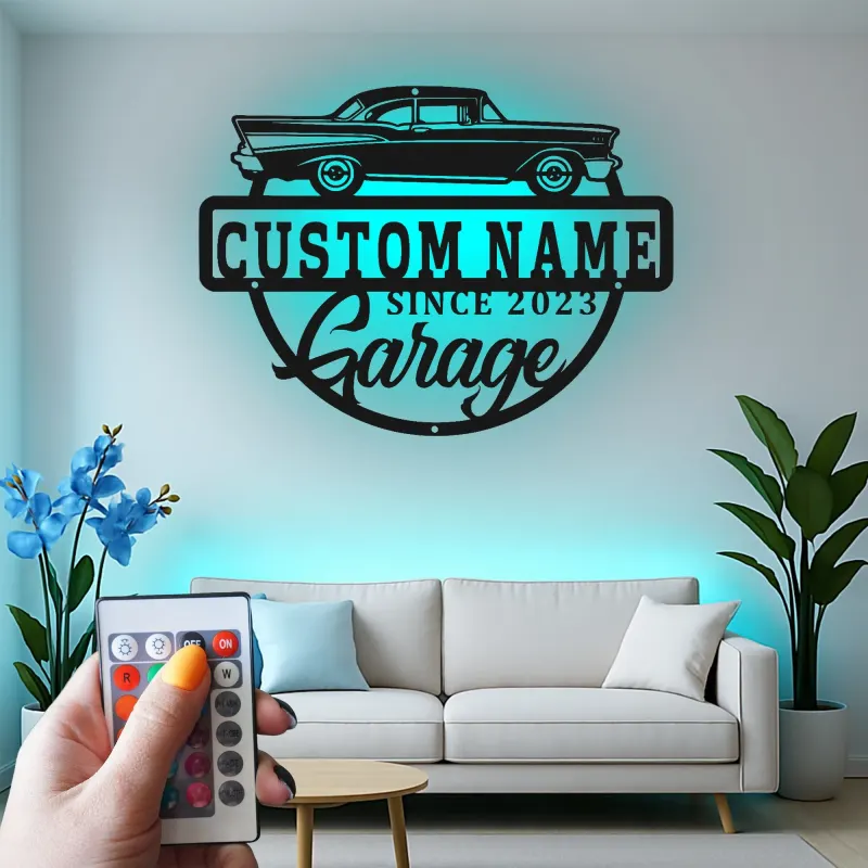 Décoration murale en métal personnalisée de voiture classique avec rétroéclairage LED - Cadeau de garage pour passionnés de voitures