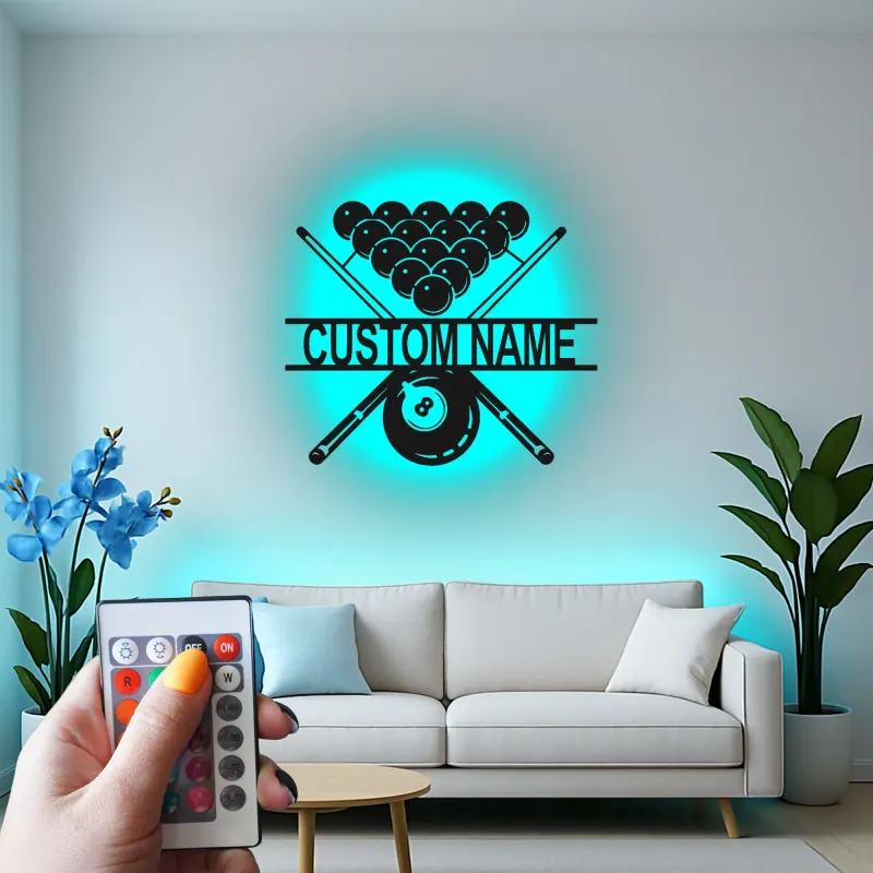 Arte murale in metallo LED Biliardi Personalizzata | Insegna per sala giochi di Pool Room | Decorazione illuminata 8 Ball e Stecca | Regalo per sala giochi per lui