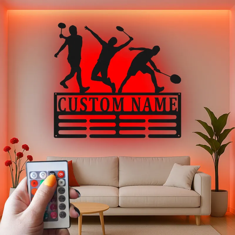 Décoration murale en métal personnalisée avec rétroéclairage LED de joueur de badminton, cadeau pour passionnés de sports, décor de salle de jeux