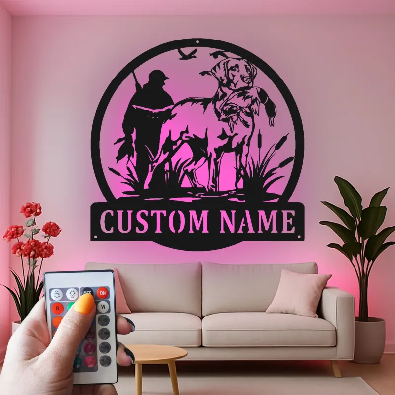 Duck Hunting Metal Sign | Personalized Labrador Retriever LED Wall Art | Custom Hunter Name Plaque for Cabin & Lodge Decor