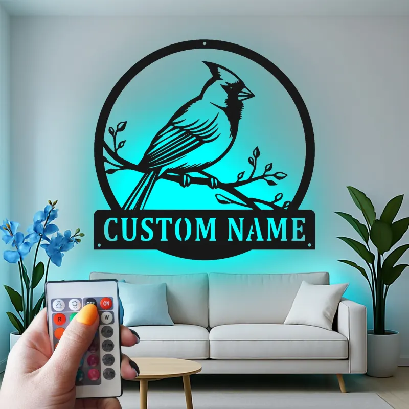 Décoration murale en métal personnalisée avec lumière LED en forme de cardinal - Cadeau pour amoureux de la nature - Décor de jardin ou de patio