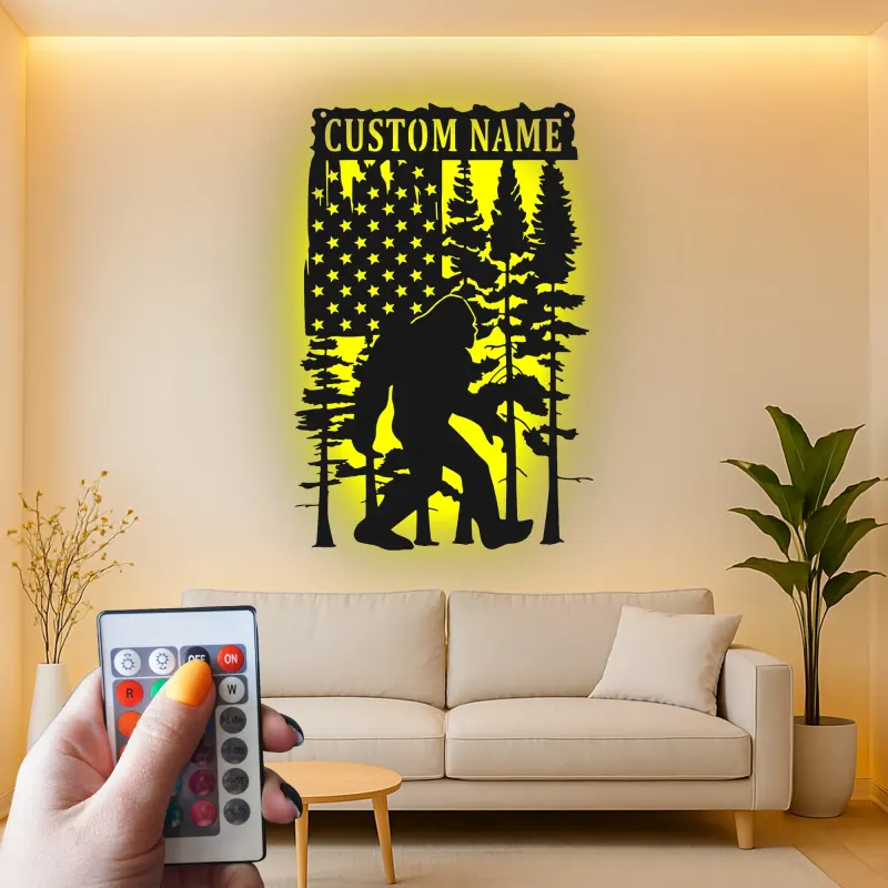 Custom Bigfoot American Flag Led Light Metal Wall Art Unique Gift for Outdoor Enthusiasts Rustic Cabin Decor