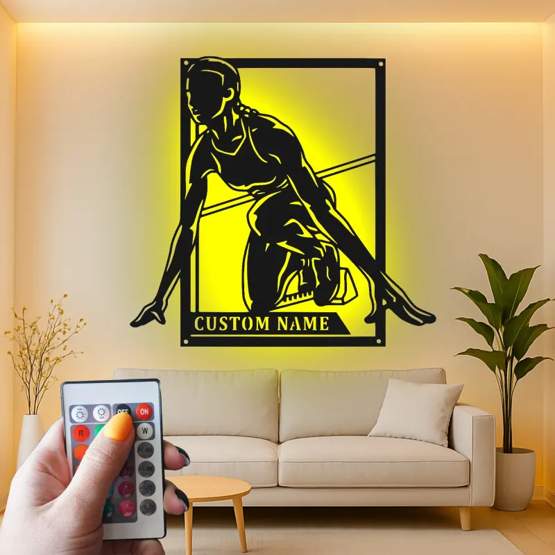 Décoration murale en métal personnalisée pour sprinteuse | Plaque coureuse personnalisée avec lumière LED | Cadeau pour athlète, coach d’athlétisme