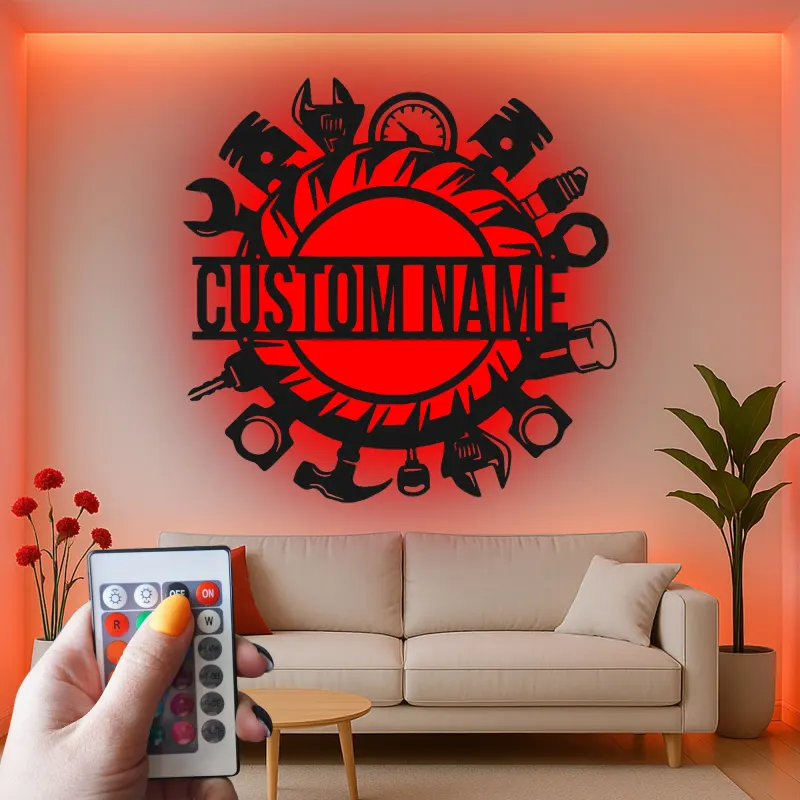 Insegna da Garage Personalizzata con LED | Insegna in Metallo per Strumenti da Meccanico | Decorazione per Officine per Appassionati di Auto