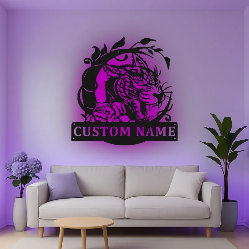 Custom Leopard Led Light Metal Wall Art Personalized Wildlife Gift Jungle Theme Decor for Living Room