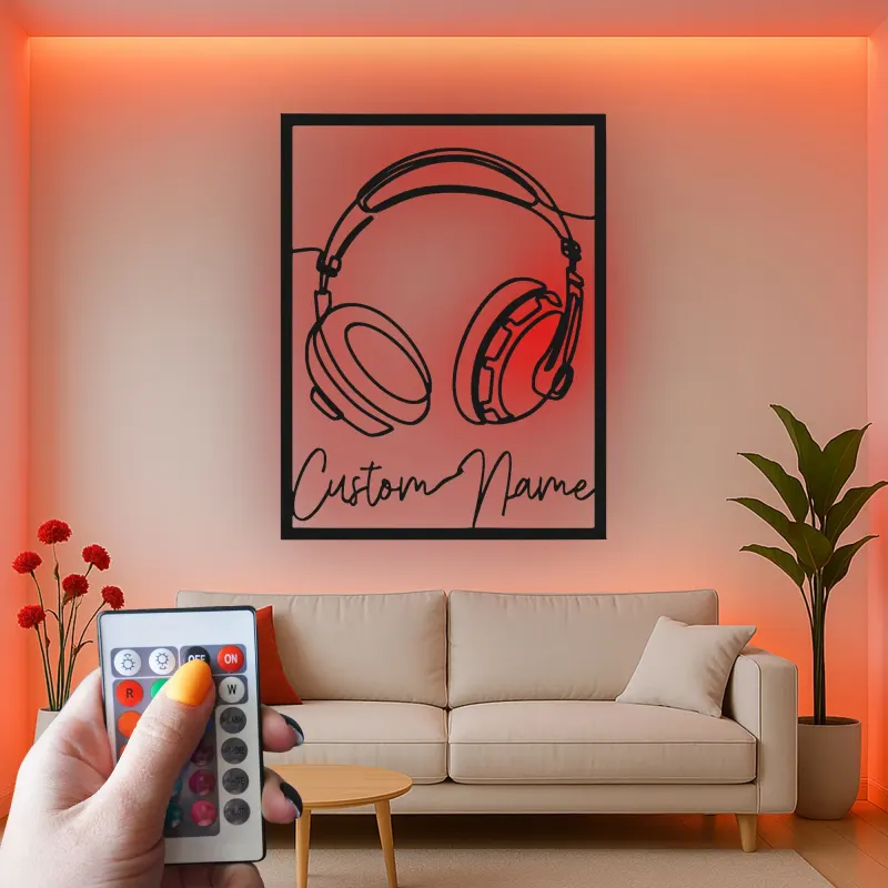 Insegna LED cuffie personalizzata | Decorazione murale in metallo su misura per studio musicale | Decor con nome per DJ | Idea regalo per musicista
