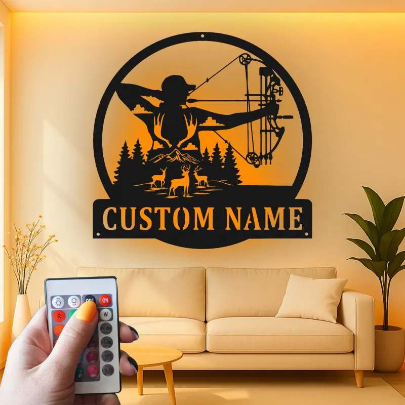 Insegna in metallo personalizzata con LED per cacciatori di archi, regalo personalizzato per arcieri, decorazione per cabin rustica
