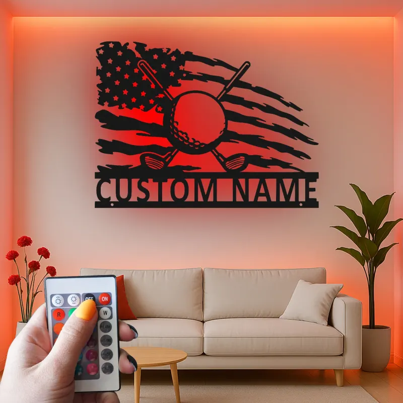 Personalized Golf Sign with LED | Custom Metal Wall Art for Man Cave | Patriotic Golfer Gift for Him | American Flag Sports Decor