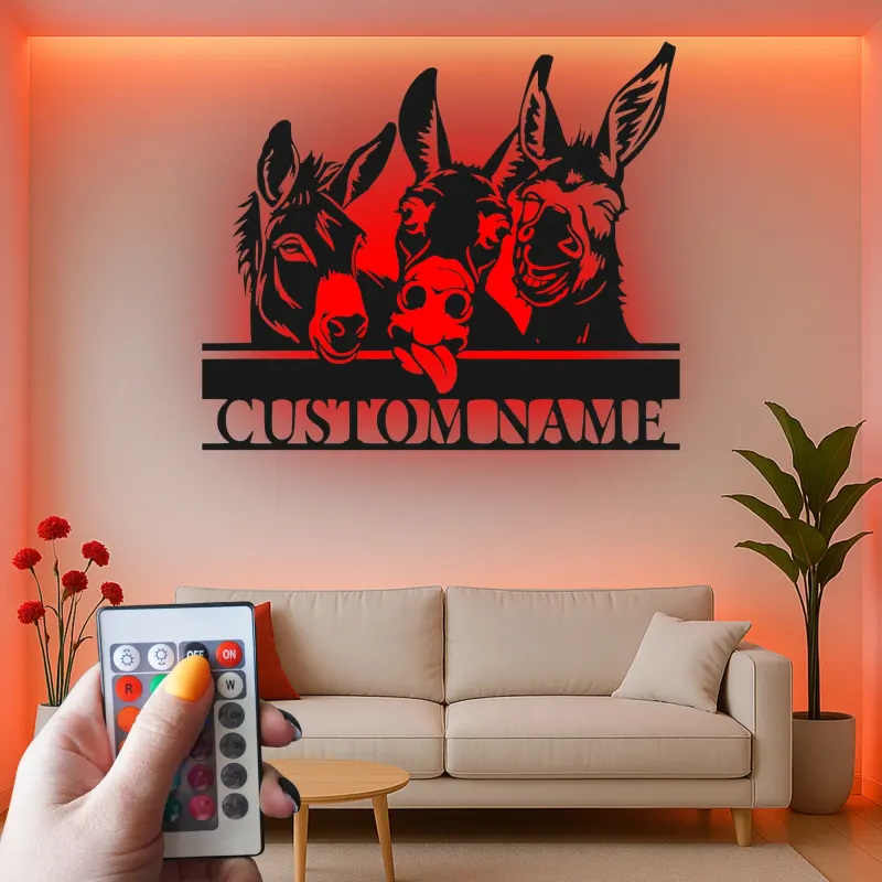 Insegna in metallo LED Donkey Trio Personalizzata Regalo per Fattoria Decorazione Soggiorno Rustico