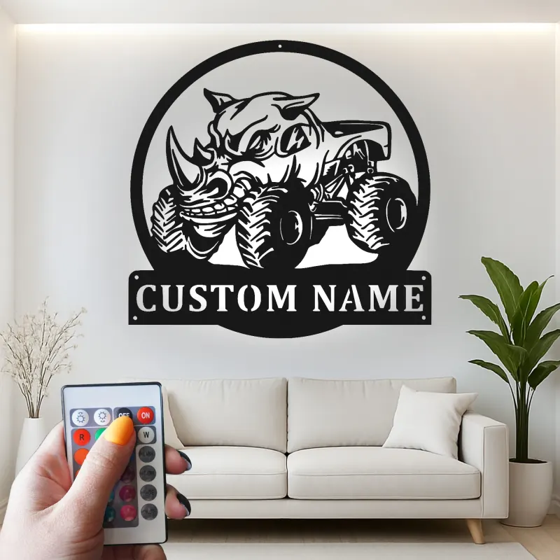 Custom Rhino Monster Truck Sign | Personalized LED Metal Wall Art | Boys Room Decor & Off-Road Gift