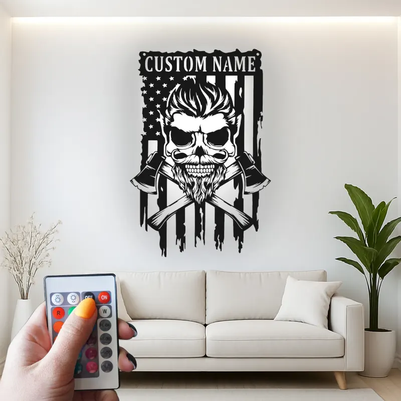 Patriotic Skull LED Wall Art | Custom Firefighter Metal Sign | American Flag Man Cave Decor | Personalized Gift for Him