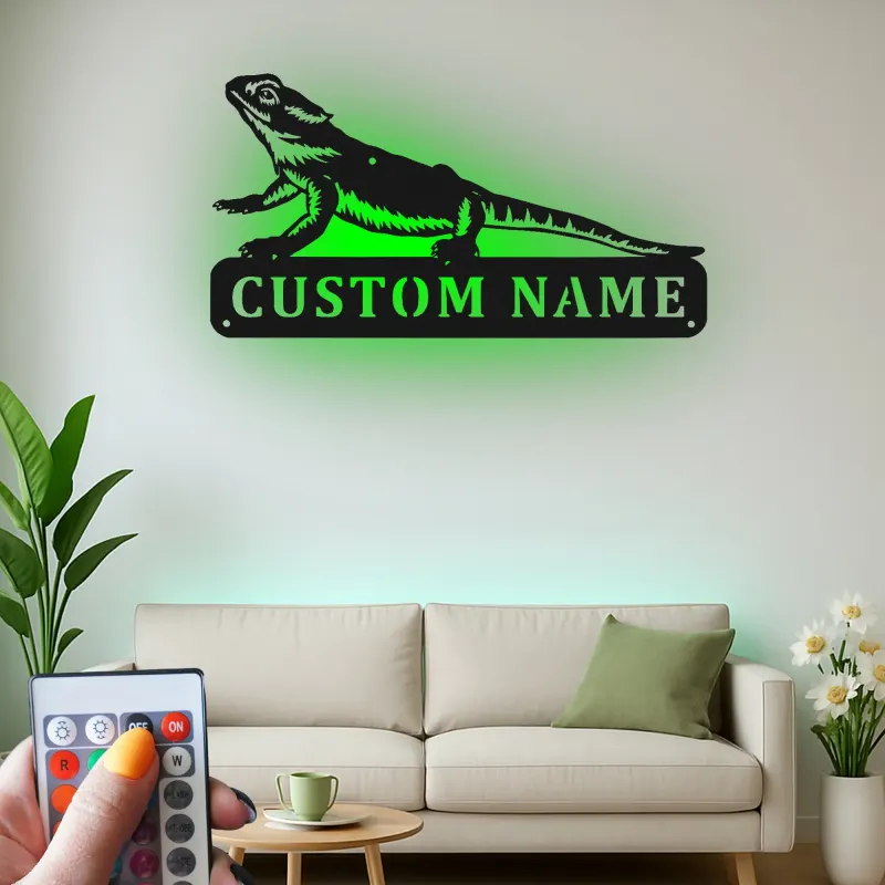 Insegna in metallo personalizzata con drago barbuto e luce LED regalo per amanti degli animali decorazione per stanza rettile