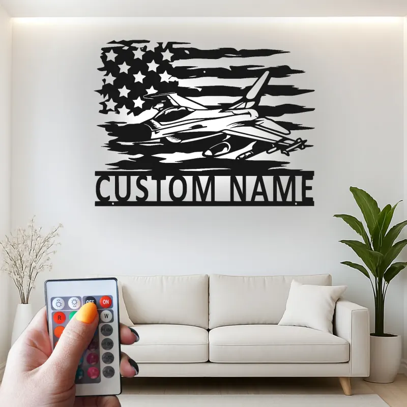Custom Fighter Jet LED Metal Art | Personalized Military Pilot Gift | American Flag Wall Decor | Patriotic Man Cave Sign