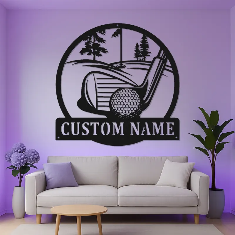 Cartel de golf personalizado con luces LED | Decoración mural de metal a medida | Decoración con nombre de golfista para sala de juegos y bar en casa
